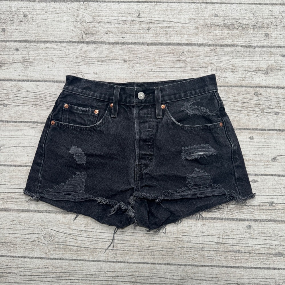 Levi's Shorts Women's 26 Black Denim Big E Distressed Denim Cut Off High Rise